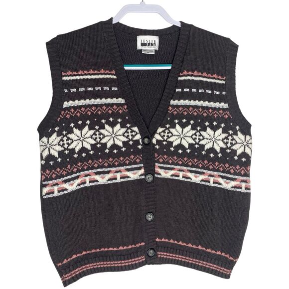 Vtg Leslie Fay Sweater Vest Womens XL Knit Button Up Cottage Preppy Snowflake - Picture 1 of 10